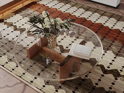 Glass Round Coffee Table with Wooden Base on Geometric Pattern Rug and Flower Vase Book 3d model