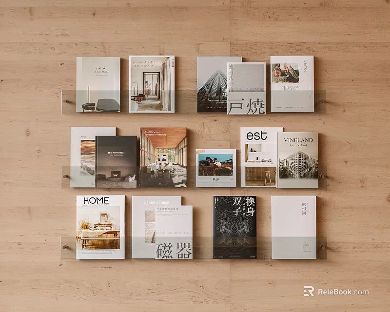 Books And Magazines On Wooden Wall Bookshelves With Diverse Covers And Interior Design Themes 3d model 