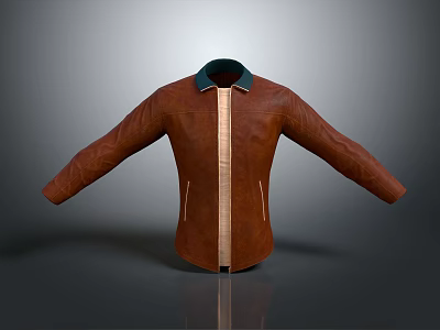 Classic brown leather jacket with green collar and stylish stitching design details 3d model