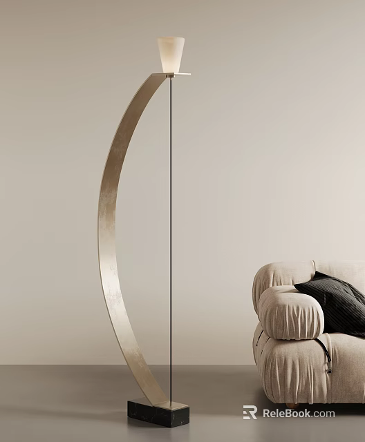 Minimalist Arched Floor Lamp In Living Room With Beige Sofa And Metallic Finish 3d model 