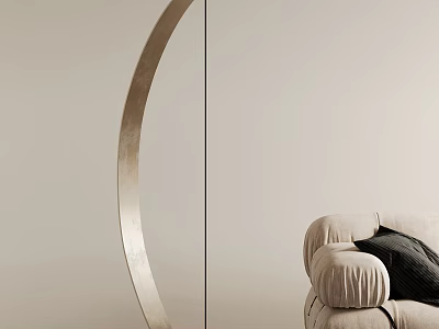 Minimalist Arched Floor Lamp In Living Room With Beige Sofa And Metallic Finish 3d model