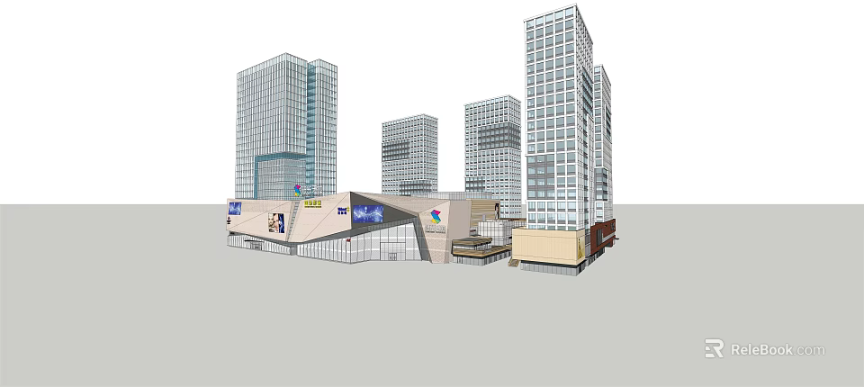 Modern High Rise Office Buildings With Glass Facade And Commercial Base Design 3d model 