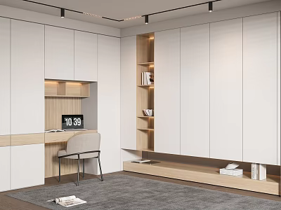 Modern Wardrobe Interior Design With Built-in Desk Bookshelves White Cabinets And Wooden Accents 3d model