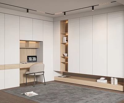 Modern Wardrobe Interior Design With Built-in Desk Bookshelves White Cabinets And Wooden Accents 3d model