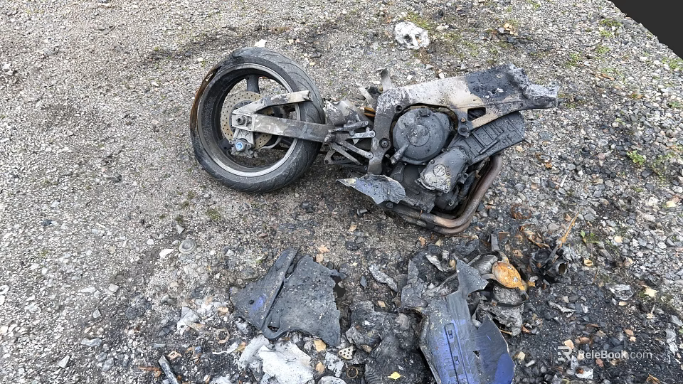 Burned Motorcycle Remains With Debris And Ash On Gravel Ground 3d model 