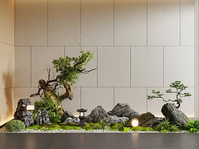 Tranquil Indoor Landscape With Gray Wall Rockery Pine Tree Stones Moss Lantern Pebbles And Lighting 3d model