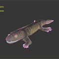 Reptile 3D Render with Gray Body Yellow Stripes Red Eyes and Open Mouth