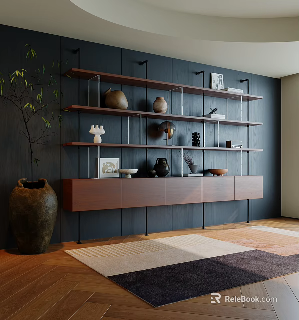 Modern Wall Mounted Bookshelf With Wooden Shelves Decorative Vases Sculptures And Photo Frames 3d model 
