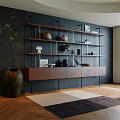 Modern Wall Mounted Bookshelf With Wooden Shelves Decorative Vases Sculptures And Photo Frames