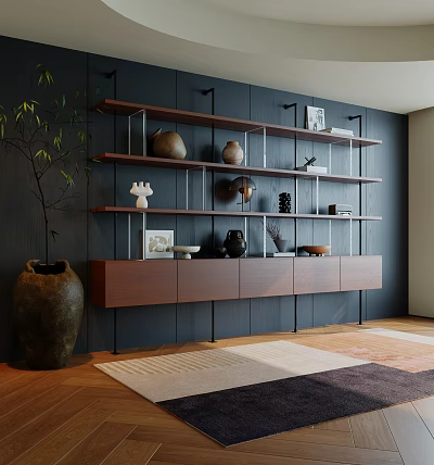 Modern Wall Mounted Bookshelf With Wooden Shelves Decorative Vases Sculptures And Photo Frames 3d model
