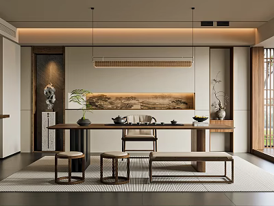 Traditional Tea Room Interior Design with Wooden Table Chairs Tea Sets and Landscape Art 3d model