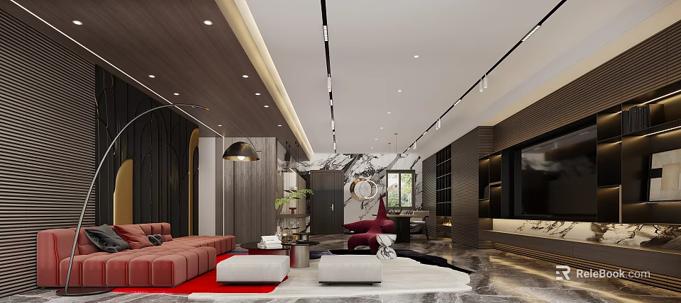 Elegant Modern Living Room Interior With Red Sofa White Rug Floor Lamp And Decorative Painting 3d model 