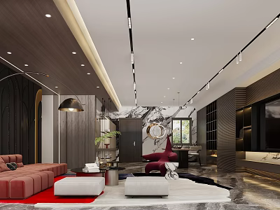Elegant Modern Living Room Interior With Red Sofa White Rug Floor Lamp And Decorative Painting 3d model