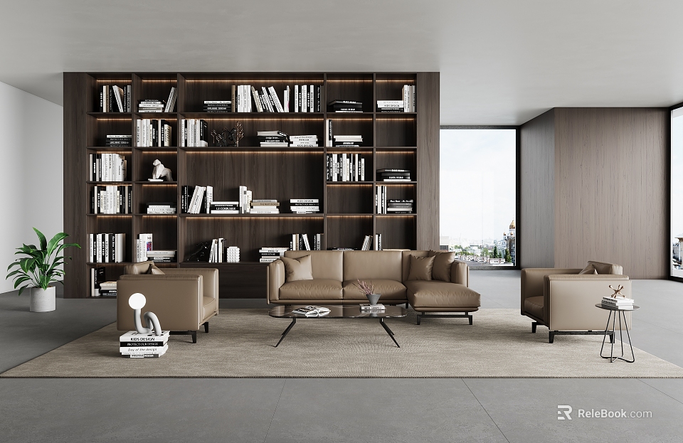 Modern Cozy Living Area With Brown Sofa Large Bookshelf Floor to Ceiling Window And Area Rug 3d model 