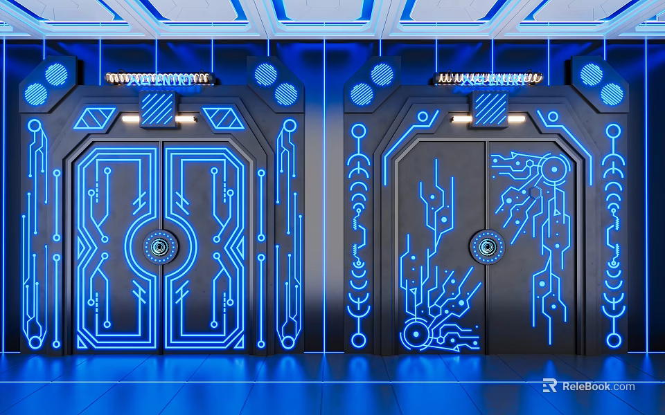 Futuristic Double Doors With Blue Illuminated Circuit Patterns And Sleek Tech Design 3d model