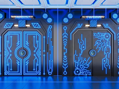 Futuristic Double Doors With Blue Illuminated Circuit Patterns And Sleek Tech Design 3d model