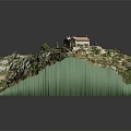 Ancient Building on Mountain Slope with Terraced Fields and Lush Greenery 3d model