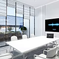 Modern Meeting Room Interior Design With Long Table Laptop Flower Vase And Large Screen