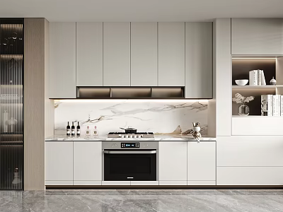 Modern Kitchen Interior With White Cabinets Marble Countertop And Built in Appliances 3d model