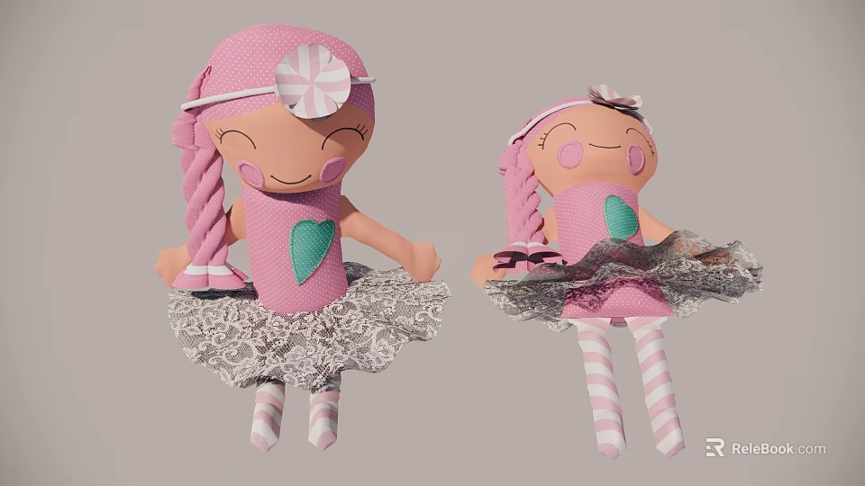 Adorable Pink Hanging Doll Ornaments With Braids Green Heart And Lace Skirt 3d model 