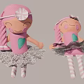 Adorable Pink Hanging Doll Ornaments With Braids Green Heart And Lace Skirt