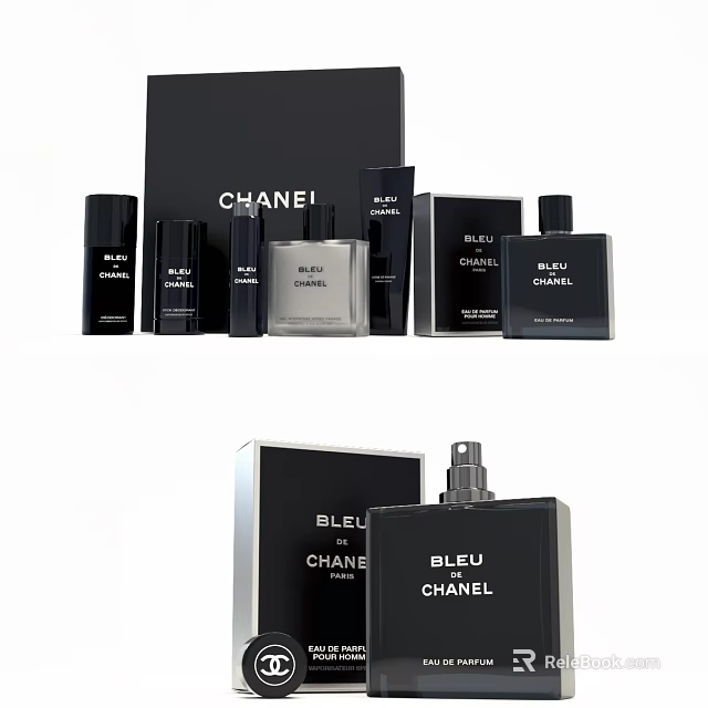 Luxury Chanel Bleu Perfume Collection Featuring Various Bottles And Gift Boxes 3d model 