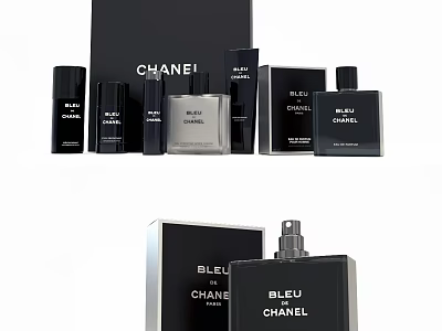 Luxury Chanel Bleu Perfume Collection Featuring Various Bottles And Gift Boxes 3d model