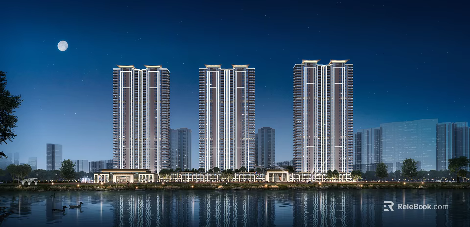 High rise residential buildings at night with exterior lighting and water reflection 3d model 