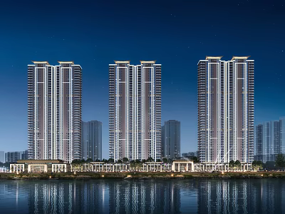 High rise residential buildings at night with exterior lighting and water reflection 3d model