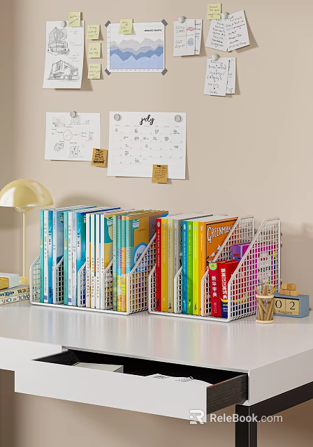 Colorful Books And Magazines On White Wire Bookshelf With Gold Desk Lamp And Wall Charts 3d model 