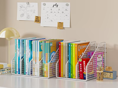 Colorful Books And Magazines On White Wire Bookshelf With Gold Desk Lamp And Wall Charts 3d model