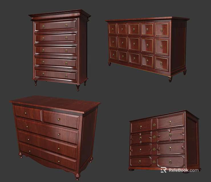 Traditional Dark Brown Wooden Dressers Home Furniture with Multiple Drawers and Brass Handles 3d model 