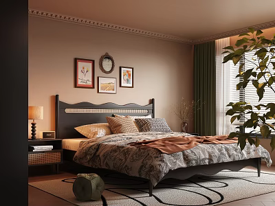 Warm Bedroom Interior With Wooden Bed Pillows Framed Art Green Curtains And Area Rug 3d model