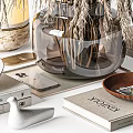 Decorative Ornament Set With Clear Glass Vase Dried Pampas Grass Books And Plates