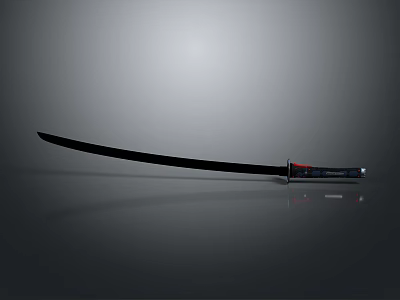 Katana With Black Scabbard Red Handle Long Blade On Gray Gradient Background And Reflection 3d model