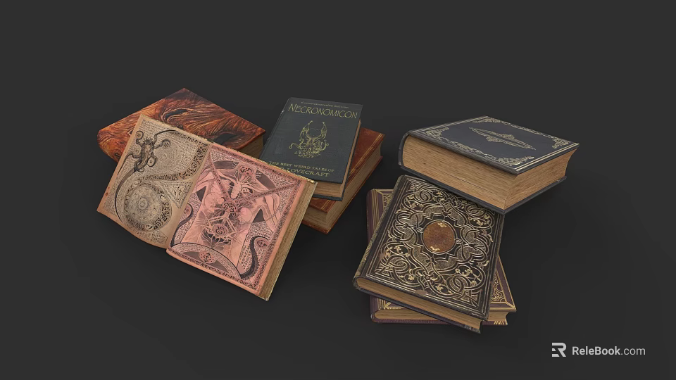 Vintage Ancient Magic Books With Intricate Decorative Covers Open And Closed 3d model 