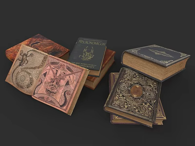 Vintage Ancient Magic Books With Intricate Decorative Covers Open And Closed 3d model