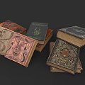 Vintage Ancient Magic Books With Intricate Decorative Covers Open And Closed