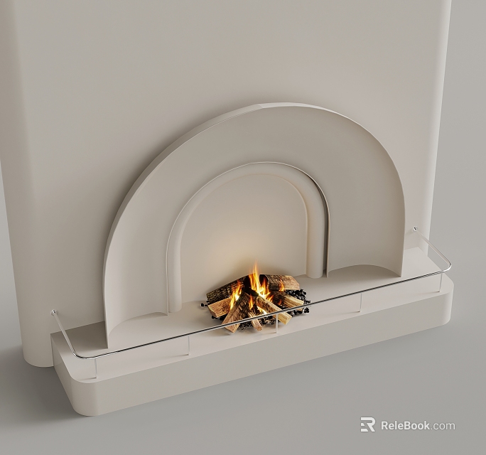 White Arched Fireplace Modern Design With Burning Firewood And Glass Base 3d model 
