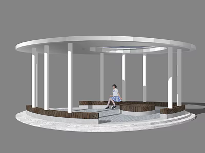 Round Pavilion With White Columns And Wooden Seats Outdoor Rest Area Person Sitting 3d model
