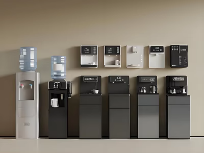 Automatic Water Dispensers In Various Modern Styles And Different Colors Arranged Against Wall 3d model