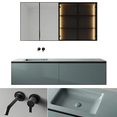 Modern Bathroom Washbasin With Gray Cabinet Black Faucet And Lit Mirror Cabinet 3d model