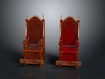 Ornate Wooden Chairs With Red Upholstered Seats And Spiked Finials 3d model