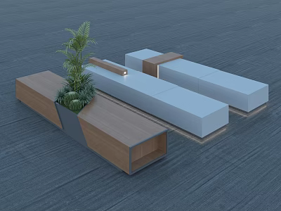 Modern Landscape Seats Design With Wooden And White Structures And Green Plants 3d model