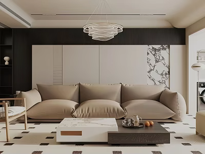 Modern Living Room Interior Design With Beige Sofa Chandelier Coffee Table And Wall Art 3d model