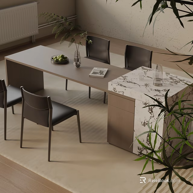 Elegant Dining Table Set With Wooden Top Black Leather Chairs Marble Countertop And Plants 3d model 