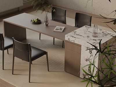 Elegant Dining Table Set With Wooden Top Black Leather Chairs Marble Countertop And Plants 3d model