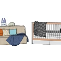 Cozy Baby Crib with Modern Sofa Colorful Pillows Soft Blanket and Blue Stuffed Toy