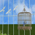 White Birdcage Art Installation Placed On Green Grass Field With Small Trees