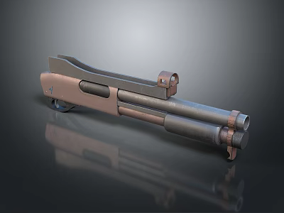 Double Barrel Shotgun Featuring Metallic Bronze And Silver Finish Two Barrels Trigger Stock Dark Background 3d model